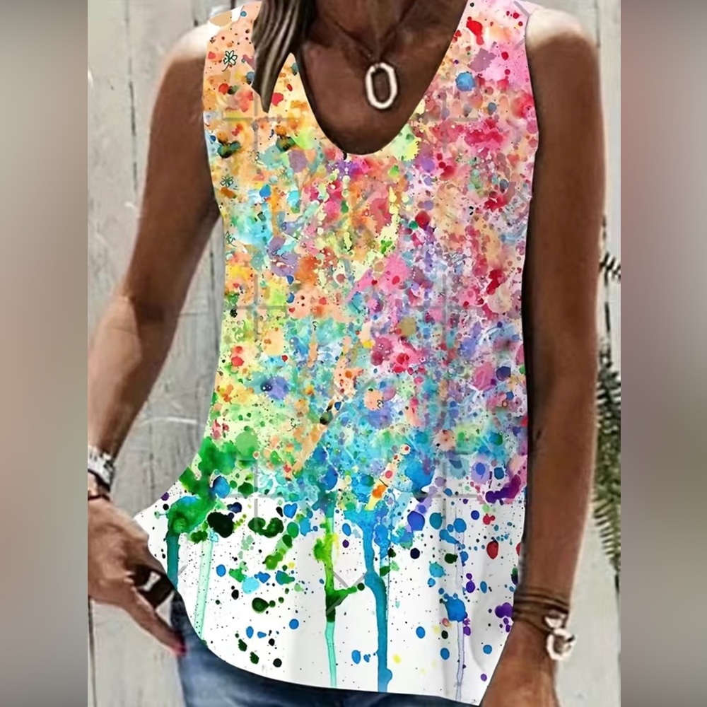 Tank Top Womens White With Colorful Splatter Design Loose Relaxed - Fits like 14
